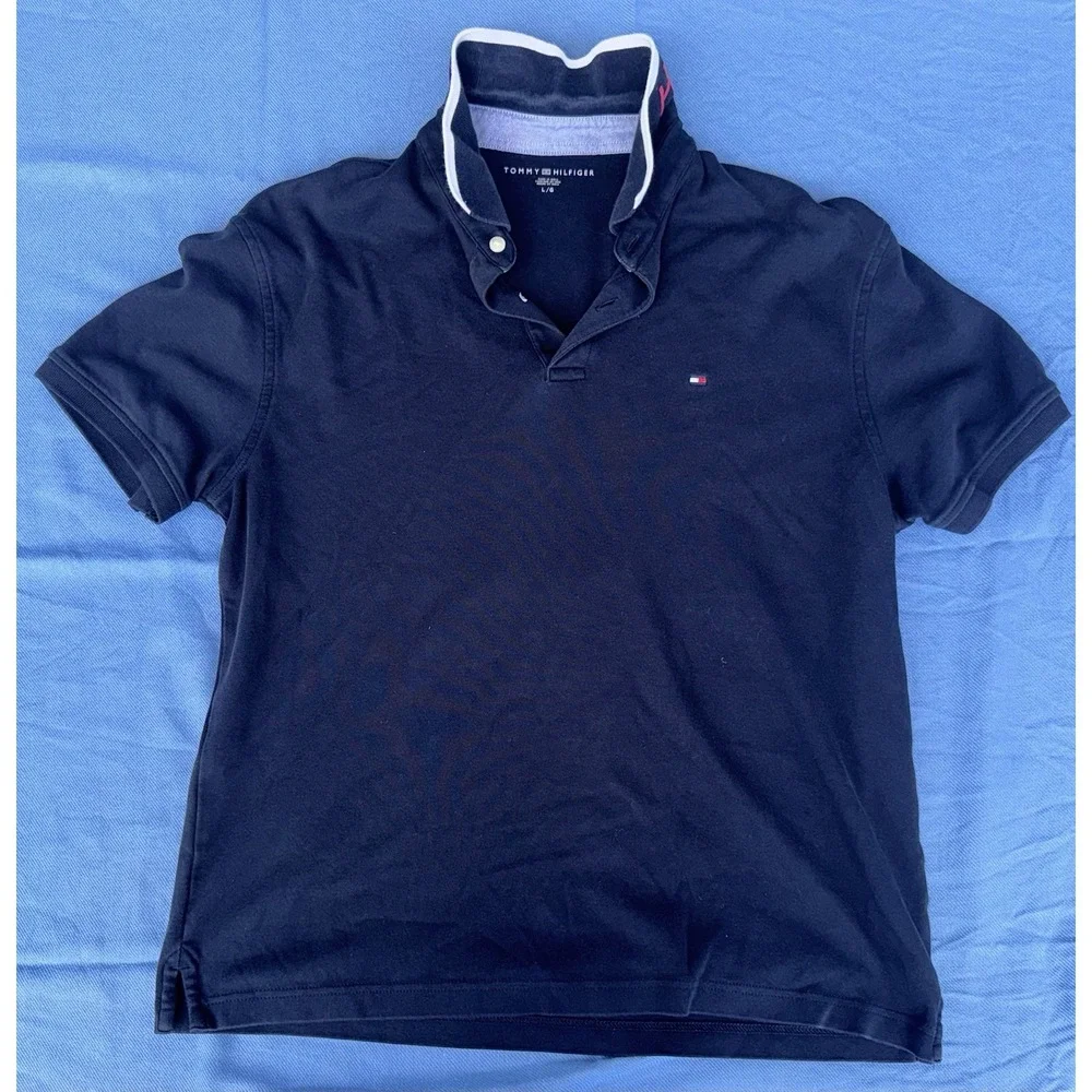 Tommy Hilfiger Womens Large Navy Polo Shirt Flip Collar Flag Logo Cotton
